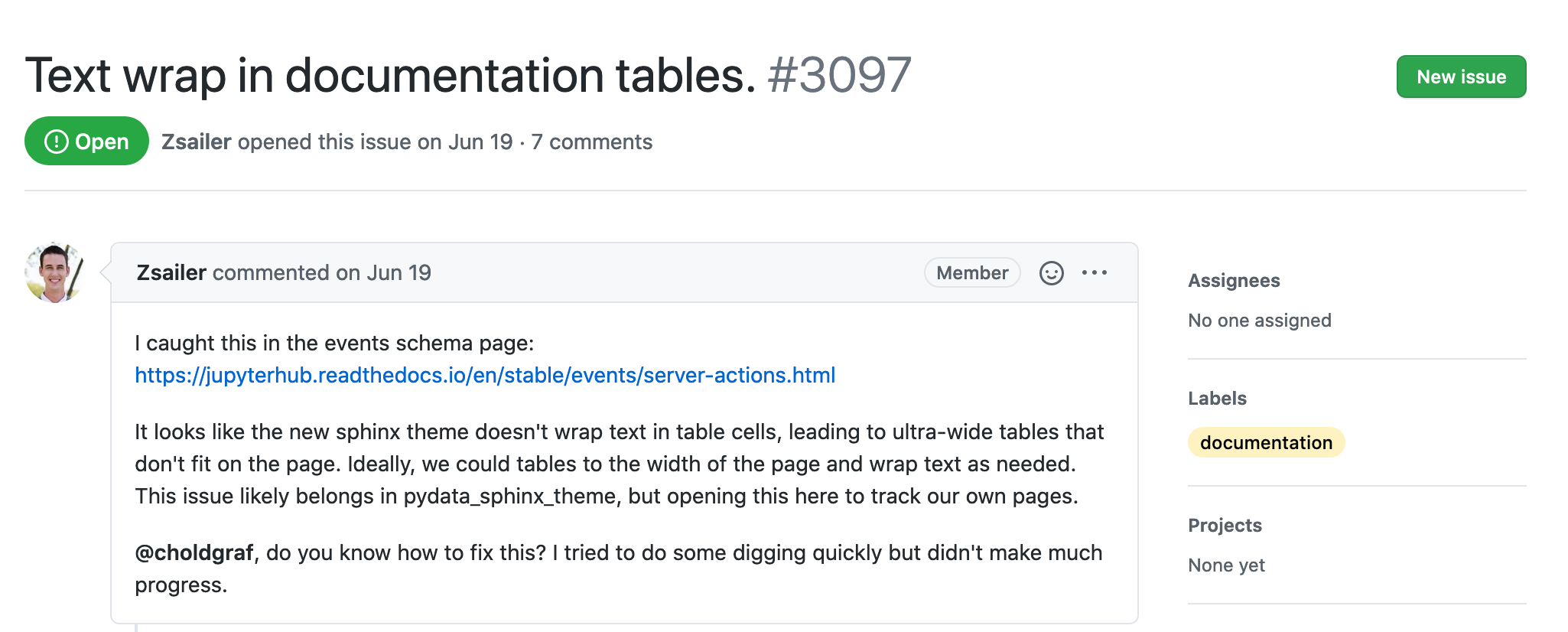 A screenshot of an issue opened by Zsailer with its name, issue number and description. On the right side you can see the label documentation describing the nature of this issue.
