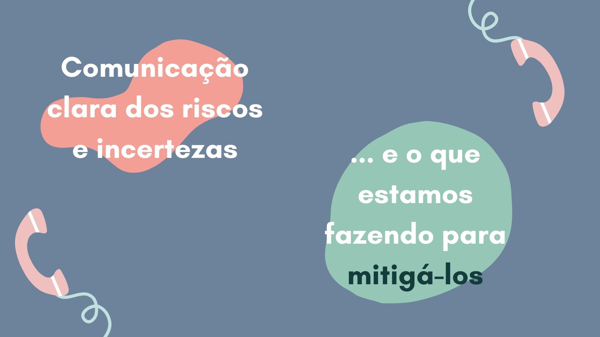 Uma tela com o duas formas coloridas onde lê-se 'Comunicação clara dos riscos e incertezas e o que estamos fazendo para mitigá-los'