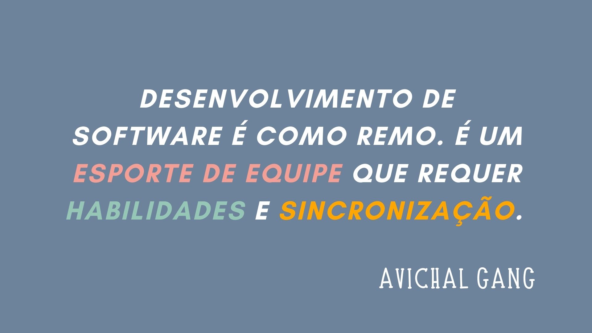 Uma tela onde está escrito 'desenvolvimento de software é como remo. é um esporte de equipe que requer habilidades e sincronização'