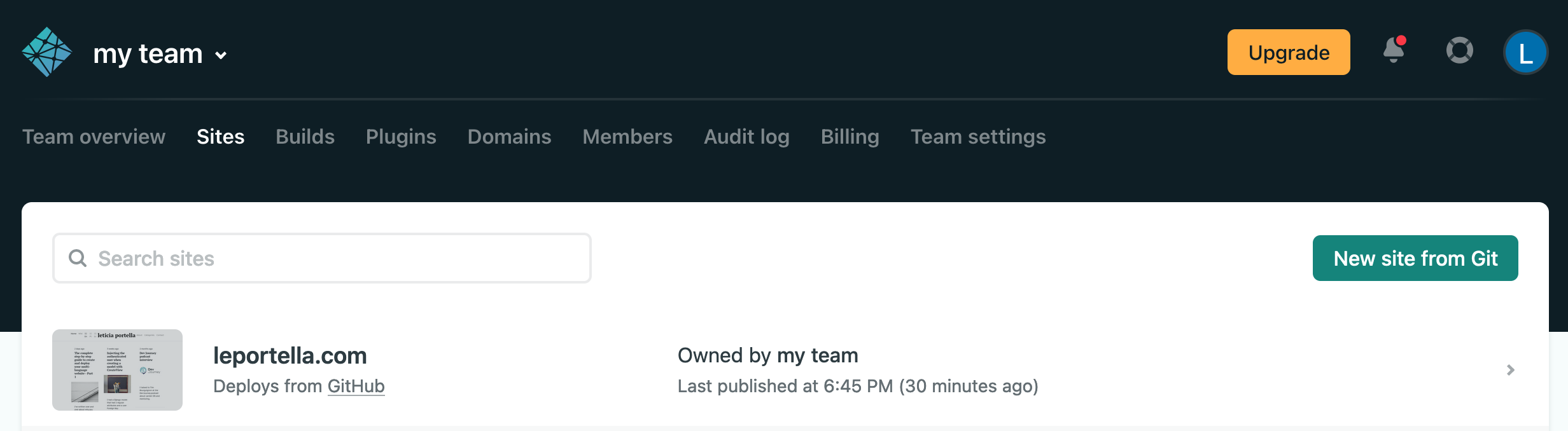 A screenshot from the home page of the Netlify system where you can see multiple tabs and on the right side a button saying New site from Git