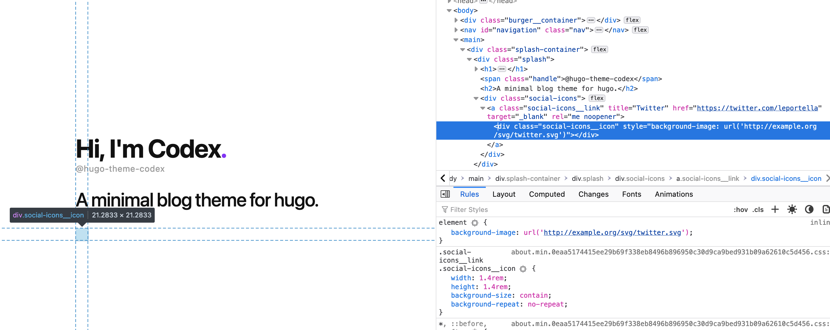 A screenshot from the website with the inspector open and selecting an empty image with the url https://example.org/svg/twitter.svg