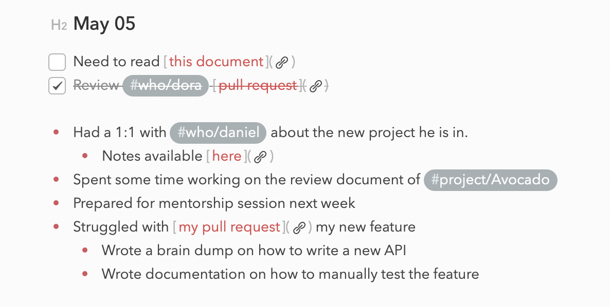 An example on how notes are displayed on the Bear interface, with TODOs, items and links