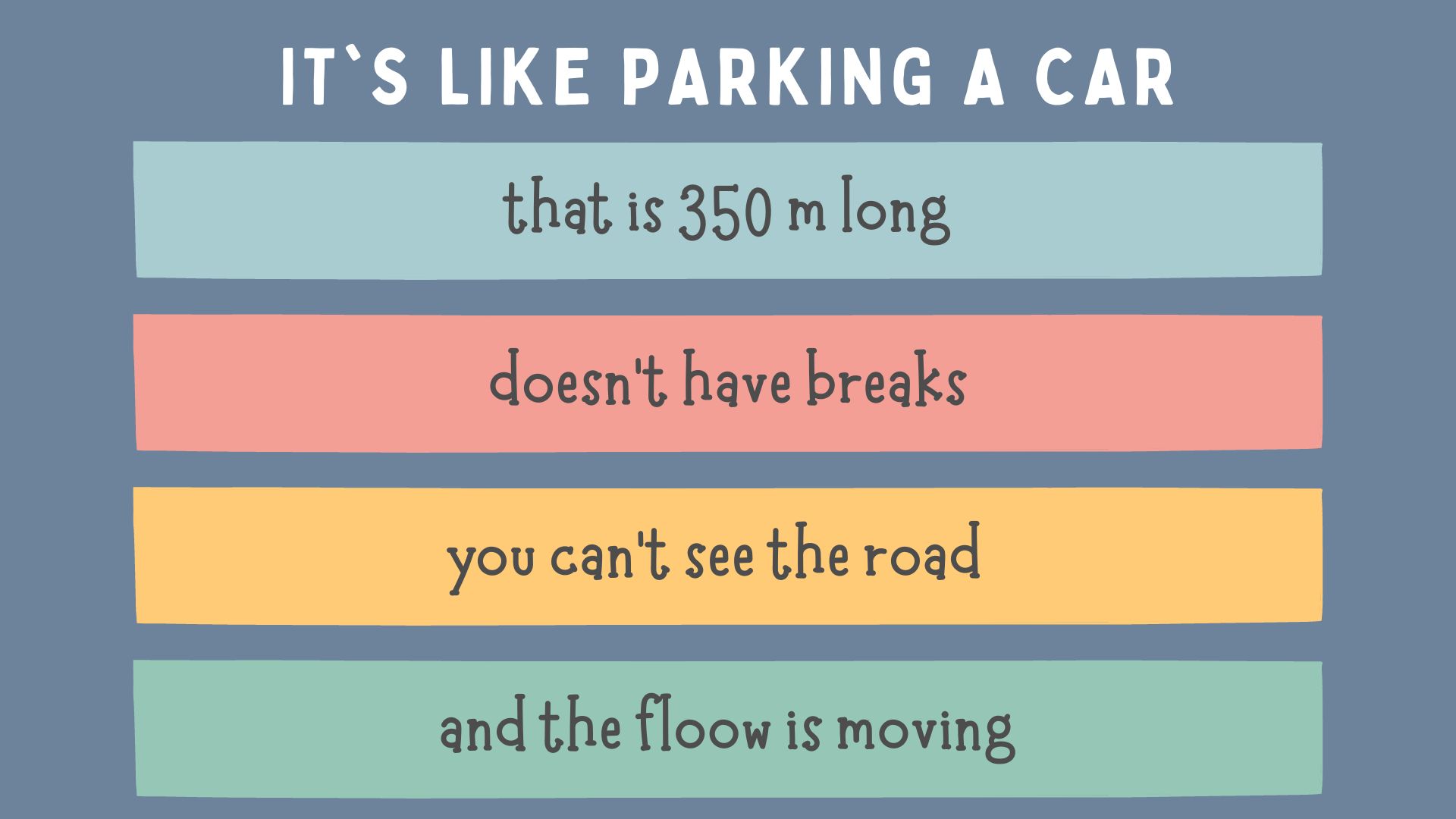 A slide where says It's like parking a car, that is 350m long, doesn't have breaks, you can't see the road and ground is moving.